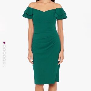 Betsy & Adam Green Off Shoulder Ruched Scuba
Ruffle Dress NWT Size 4